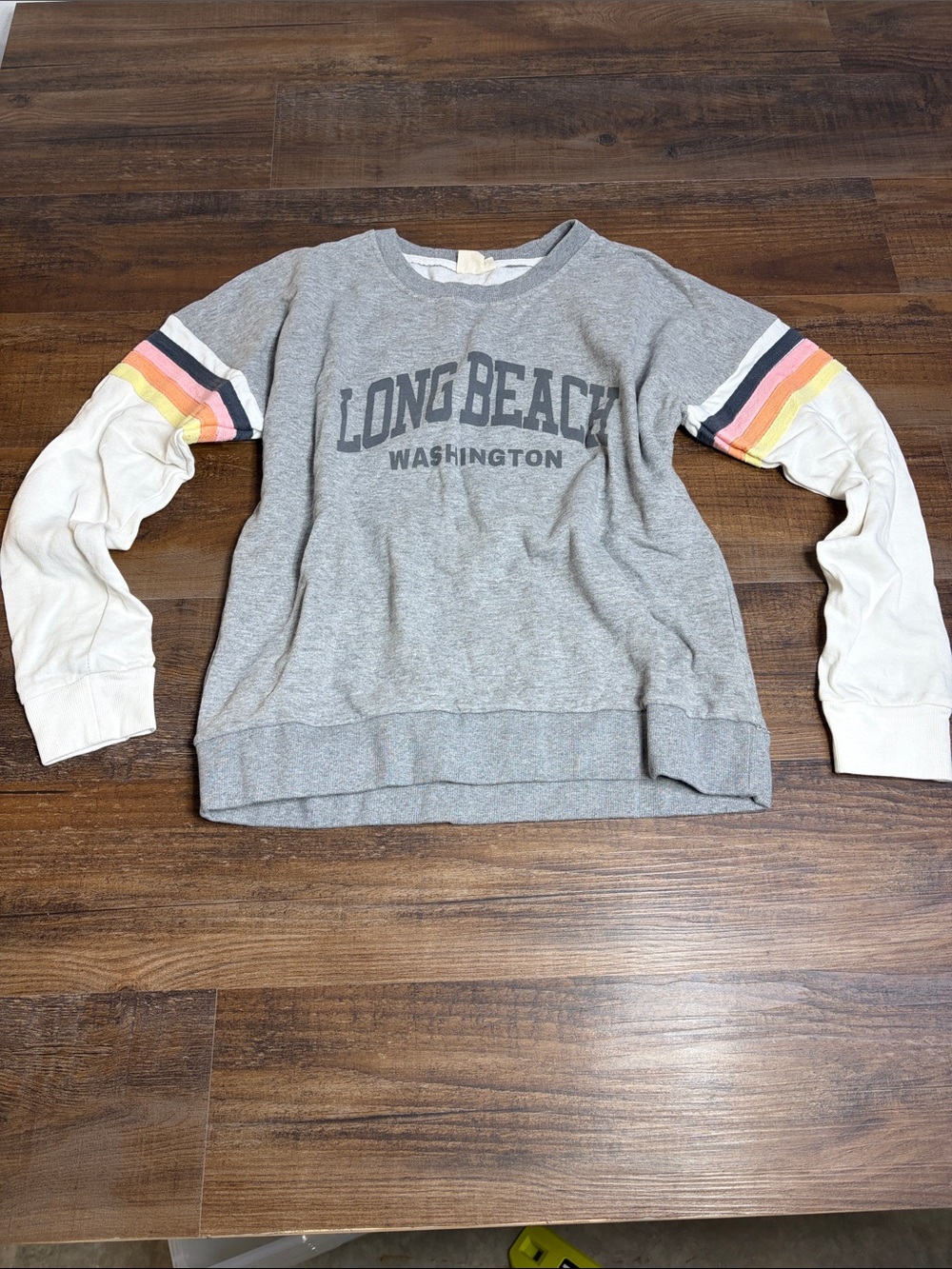 Women's Grey Crewneck Pullover with Striped Sleeve Accents